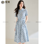 漫佩25夏季新款之*禾同款抗皺全棉印花藍(lán)色帆船圓領(lǐng)長(zhǎng)款連衣裙 藍(lán)色 S
