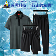 稻草人夏季冰絲運動(dòng)套裝男三件套短袖POLO衫中年T恤休閑冰絲短褲爸爸裝 167灰綠色+226平腳+229 L