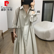 皮爾卡丹（pierre cardin）春秋新氣質(zhì)赫本風(fēng)棉質(zhì)襯衫長(cháng)袖連衣裙韓版鈕扣高腰顯瘦過(guò)膝百褶裙 淺卡其 均碼