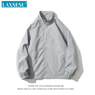 LAXSESU2025新款外套男黑色立領(lǐng)行政夾克男感痞帥春秋季美式棒球服 淺灰色 M :(適合90-110斤)