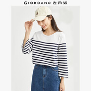 佐丹奴條紋t袖女針織純棉撞色減齡休閑合體圓領七分袖t恤13323301