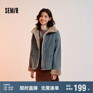 森馬（Semir）牛仔棉服女拼接毛領(lǐng)美式復(fù)古2024冬寬松毛邊夾克街頭109724108017