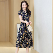 i-O-J重磅真絲桑蠶絲連衣裙夏中長(cháng)款2025年款修身收腰大牌碎花過(guò)膝裙子 藏青色 L