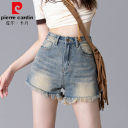 皮爾卡丹復古高腰牛仔短褲女夏季新款大碼胖MM做舊毛邊a字百搭辣妹超熱褲 復古藍 M