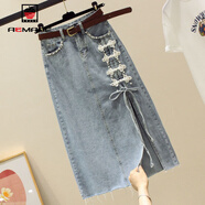 AEMAPE牛仔a字半身裙2025春夏季高腰釘珠顯瘦開(kāi)叉包臀裙中長(cháng)款牛仔裙子 藍色【不含腰帶】 M 建議95-105斤