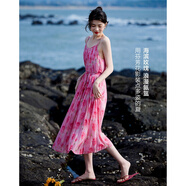 德瑪納【設計感壓褶】夏季垂順浪漫75D雪紡珠印花吊帶直筒女式連衣裙