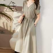 SHIROMA雪紡連衣裙女夏中長(cháng)款夏天韓小個(gè)子顯瘦V領(lǐng)夏季氣質(zhì)洋氣裙子 豆綠 L