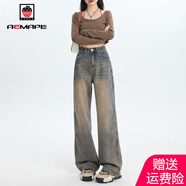 AEMAPE美式高腰闊腿牛仔褲女2025春秋冬季新款寬松顯瘦垂感褲子女裝 古銅色長褲 XL