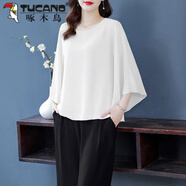 啄木鳥（TUCANO）雪紡飄逸女士2025年新款夏裝蝙蝠袖T恤洋氣寬松遮肚子設(shè)計感小衫 白色 M 建議80-100斤
