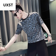 UXST夏季短袖t恤男款高端潮流冰絲花體恤新款社會(huì)小伙S碼半袖 黑色 S 90-100斤