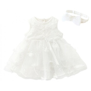 毛毛鴨女寶寶百歲幼兒公主禮服生日女孩春秋裙子嬰兒衣服夏季一周歲禮服 白色梅花絲紗連衣裙 90 (建議9-12個月)