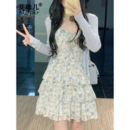 艾珠兒（Aizhuer）藍色碎花吊帶連衣裙女夏季2025新款蛋糕裙小個子雪紡短裙兩件套裝 藍色碎花裙 M