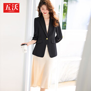 五沃高級(jí)感職業(yè)西裝套裝女2025夏薄款氣質(zhì)西服外套上衣內(nèi)搭吊帶連衣裙 黑色西裝+香檳色連衣裙 S