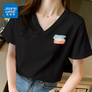 真維斯（JEANSWEST）V領正肩短袖t恤夏季2025新款純棉正肩體恤夏日穿搭小個子半袖上衣 黑色 多彩人生_K S