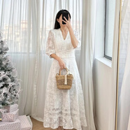 端莊優(yōu)雅浪漫2025早春新款法式重工刺繡迷笛鏤空蕾絲A字連衣裙 白色 多人加購(gòu) L