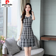 皮爾卡丹（pierre cardin）格子雪紡連衣裙女短款2025新款娃娃領(lǐng)修身顯瘦收腰 黑色 3XL