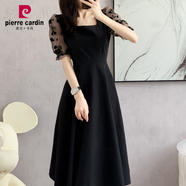 皮爾卡丹（pierre cardin）大碼赫本風碎花網紗拼接泡泡袖復古長裙女夏季胖mm高腰顯瘦連衣裙 黑色袖子 M 80-100斤