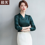 晨芙雪紡緞面襯衫女短袖夏季時(shí)尚氣質(zhì)V領(lǐng)襯衣寬松職業(yè)套裝前臺工作服 綠色襯衫(長(cháng))+黑褲+黑裙 S 建議80-90斤