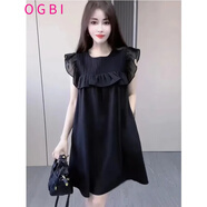 OGBI韓版雪紡連衣裙女2025夏季新款荷葉邊娃娃裙寬松色顯瘦A字裙子 黑色 M 建議85-100斤