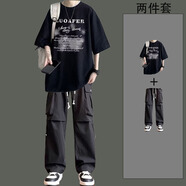 曙影（SHUYING）夏季短袖t恤男寬松百搭休閑潮牌上衣一整套搭配休閑褲痞帥套裝男 兩件套模糊字母黑T恤+黑色休閑褲 L