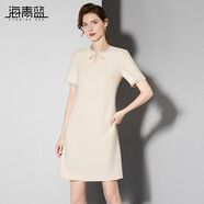 海青藍2025夏季新款氣質(zhì)名媛重工水滴鏤空花瓣圓領(lǐng)釘珠連衣裙媽媽裙 杏色 XL