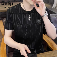 JEEP SPIRIT吉普冰絲短袖t恤男夏季高端提花燙鉆圓領(lǐng)體恤成熟男人半袖上衣 1黑色 M 90-110斤