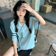 UKMR薄荷曼波肌理感短袖襯衫女夏季2025新款休閑寬松中長(cháng)款小清新上衣 薄荷海鹽 M 91-100斤