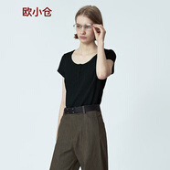 歐小倉(cāng)新疆長(zhǎng)絨棉亨利領(lǐng)短袖正肩T恤 不漏腰短款U型領(lǐng)體恤 6120 黑 L