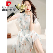 皮爾卡丹奧特萊斯折扣店撤柜女裝女神氣質連衣裙夏季法式收腰顯白裙子 花色 S