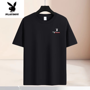 花花公子（PLAYBOY）高檔2025夏季純棉短袖t恤男裝青年圓領(lǐng)款寬松潮流半袖體恤衫新品 黑色 PLAYBOY-紅綠條小花 S 建議80-100斤
