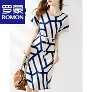 羅蒙（ROMON）連衣裙2023夏季新款時尚顯瘦休閑寬松收腰花色印花簡約拼色裙子女 藍紋 L