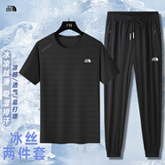 動感北面戶外運(yùn)動夏季男女款冰絲套裝輕薄速干透氣寬松降溫兩件套 黑T+束腳黑長褲 冰絲套裝 3XL (145-160斤)