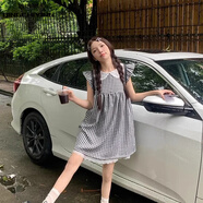 清池影（QINGCHIYING）黑白格子飛飛袖學(xué)院風(fēng)連衣裙女夏季蕾絲拼接寬松顯瘦A字裙短裙子 圖片色 專柜品質(zhì) 無胸針 S 建議92斤內(nèi)穿