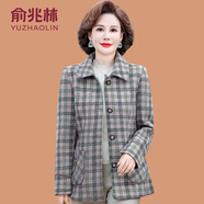俞兆林（YUZHAOLIN）媽媽秋裝翻領(lǐng)毛呢外套洋氣新款中老年女裝春秋格子短款呢子上衣服 綠色方格 XL (參考90-105斤)