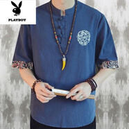 花花公子（PLAYBOY）刺繡亞麻短袖t恤男夏季薄款寬松潮牌大碼唐裝中國風(fēng)棉麻盤(pán)扣體恤 YM51藏青 4XL