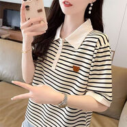 AEMAPE條紋撞色POLO領(lǐng)短袖T恤女夏季2025新款設計感體恤泡泡袖上衣女裝 圖片色 L