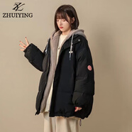 綴櫻三防羽絨棉服女2024冬季新款情侶裝日系奶加厚連帽潮假兩件外套 黑色 S 推薦80-105斤