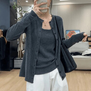 濮水方方兩件套早秋開衫上衣女2025韓版時尚修身顯瘦吊帶背心穿搭外套 深灰色兩件套【開衫+背心】 L 建議101-115斤