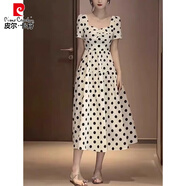 皮爾卡丹（pierre cardin）大碼胖mm赫本風(fēng)黑色波點(diǎn)連衣裙夏季減齡洋氣法式氣質(zhì)方領(lǐng)收腰長裙 白色波點(diǎn)連衣裙 M 【建議80-100斤】