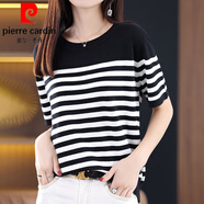 皮爾卡丹（pierre cardin）圓領(lǐng)藍(lán)白條紋恤女短袖夏季薄海軍風(fēng)體恤圓領(lǐng)冰絲針織打底衫上衣 尊貴黑色 XL