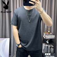 花花公子（PLAYBOY）棉麻短袖t恤男2025夏季新款純色百搭半袖薄款男裝修身圓領(lǐng)體恤衫 灰色 3XL 【適合170-185斤】