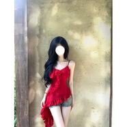 S.SOFEA夏新款熱辣玫瑰吊帶牛仔短褲套裝 紅色吊帶上衣+牛仔短褲 S