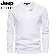 JEEP SPIRIT吉普重磅休閑長(cháng)袖男t恤春秋純色亨利衫上衣男裝純棉開(kāi)領(lǐng)打底衫 白色 3XL (體重190-210斤)