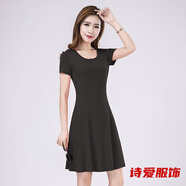 咚憬大碼連衣裙圓領(lǐng)韓版夏季短袖小黑裙修身胖MM女裝顯瘦小個(gè)子中長(cháng)裙 黑色 彈力 XL 145-165斤