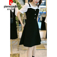 皮爾卡丹（pierre cardin）假兩件連衣裙女短袖夏季新款喇叭袖法式氣質(zhì)顯瘦拼接時(shí)尚小黑裙針 黑色 S