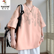 啄木鳥(niǎo)夏季胖子短袖t恤男士加肥大碼寬松五分半袖體恤青年港風(fēng)上衣男潮 QCC-B607-8887粉色 6XL (195-215斤）