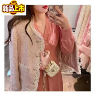 初徑風(fēng)氣質(zhì)小香風(fēng)短款外套女2025春秋法式復(fù)古網(wǎng)紗拼接粗花呢上衣名媛 粉色夾棉里布 S 100斤以下