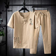 花花公子（PLAYBOY）亞麻套裝男士夏季薄款冰絲短袖t恤男款新中式國風(fēng)棉麻唐裝兩件套 TZ015卡其色 2XL 適合135至150斤
