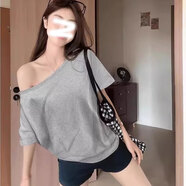 心楠黑色一字肩短袖休閑T恤女夏天斜領(lǐng)露肩寬松顯瘦別致辣妹上衣 灰色一字肩短袖【M95-105斤】