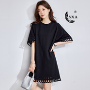 SXA香港潮牌鏤空短袖連衣裙女2025新款寬松夏季小個(gè)子氣質(zhì)打底小黑裙 黑色 M